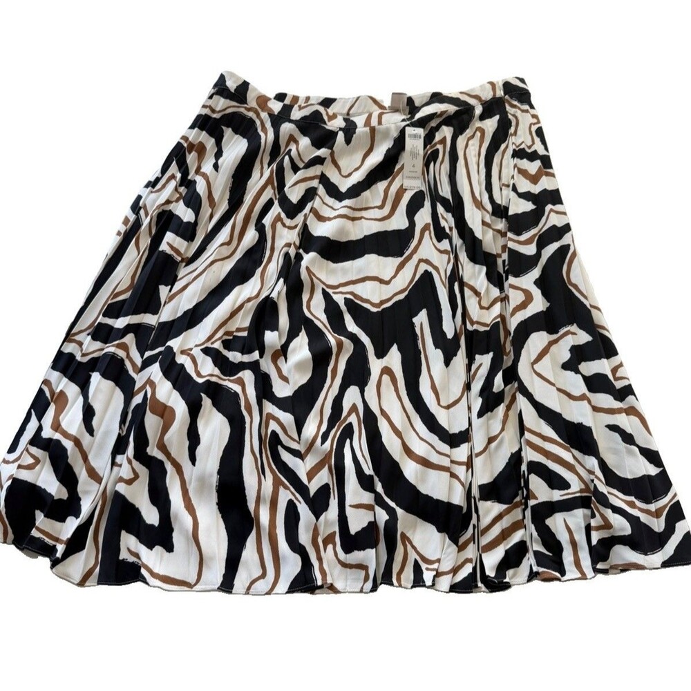 CHICOS PRINTED PLEATED MIDI ABSTRACT SKIRT SIZE 4 BLACK WHITE BROWN NEW NWT